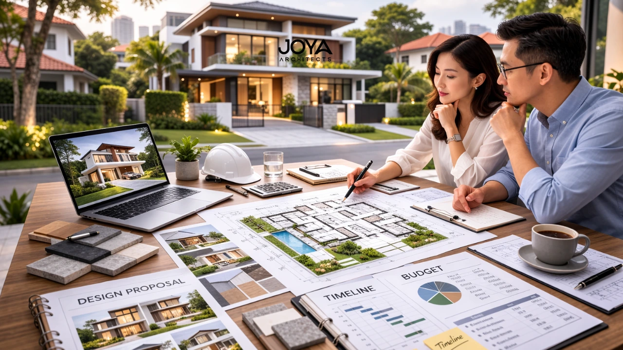 A Singapore homeowner couple reviewing architectural plans and a 3D model while meeting an architect to choose architect for landed house design