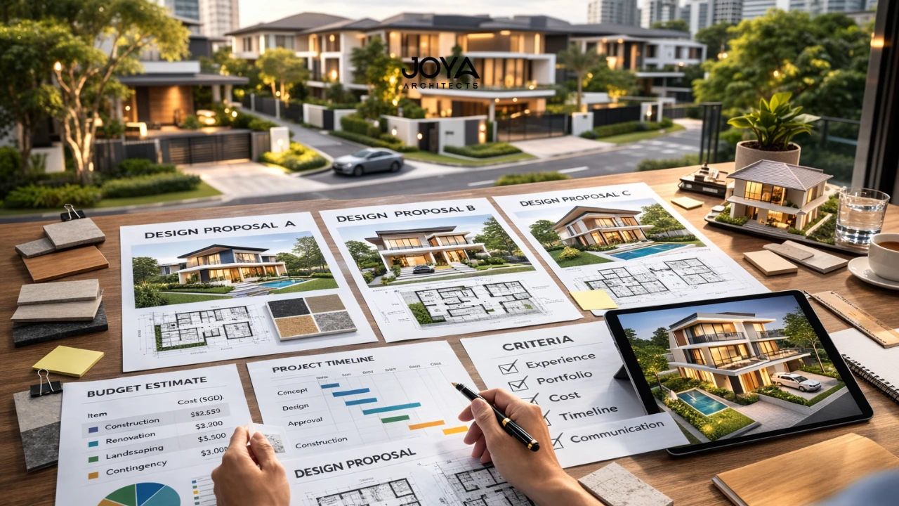 A homeowner comparing architectural proposals and budget documents when deciding how to choose architect for landed house redevelopment in Singapore