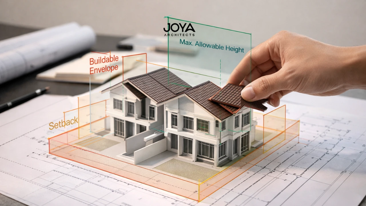 Architectural model demonstrating how landed house design constraints such as envelope control and setbacks affect the buildable massing of a semi-detached home in Singapore