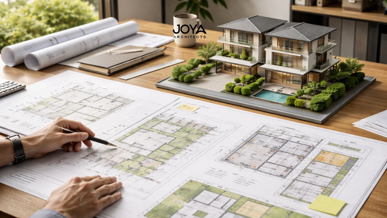 Types of Landed Houses Singapore: Terrace, Semi-D, Detached & GCB 1 Architectural plans and scale model used to evaluate the types of landed houses Singapore homeowners can build or reconstruct under local planning guidelines