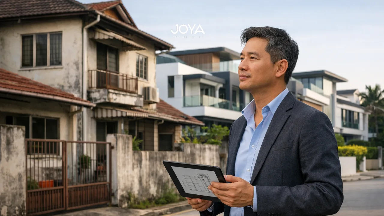 A homeowner reviewing plans outside an older property while considering when to reconstruct a landed house in a modern Singapore estate.