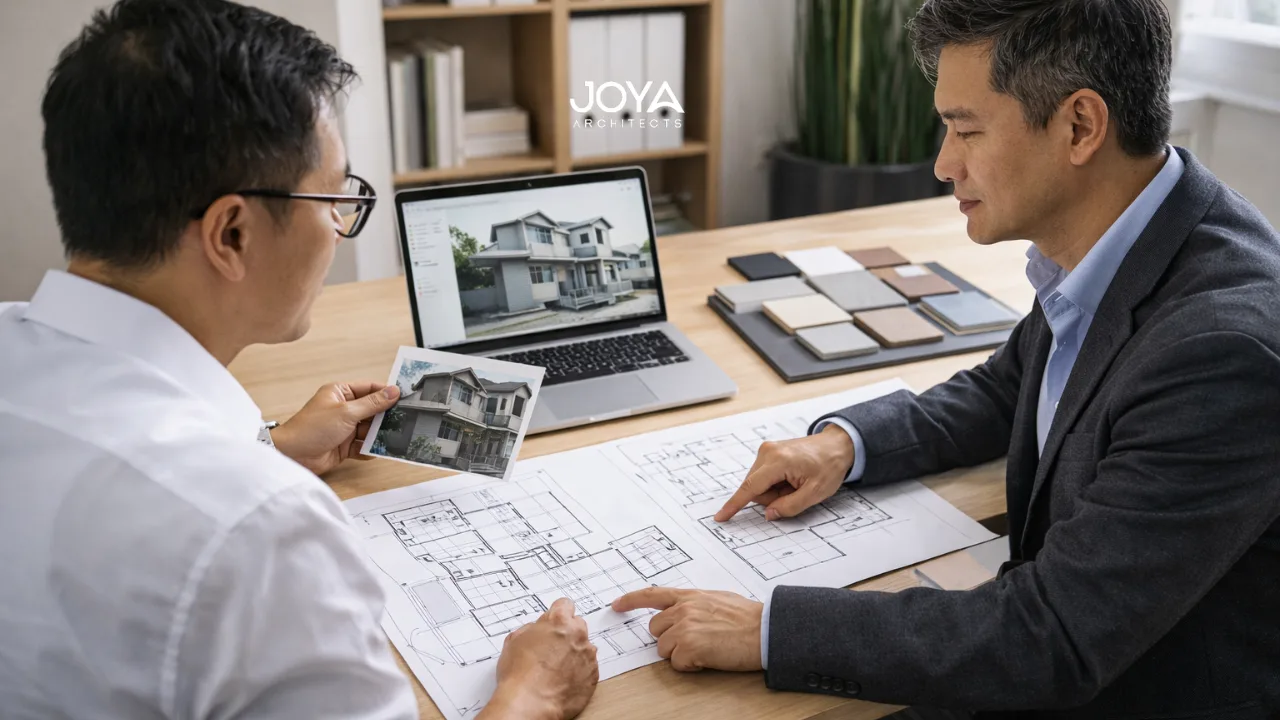 When to Reconstruct a Landed House: A Strategic Architectural Perspective 1 An architect and homeowner reviewing design plans to determine when to reconstruct a landed house based on structural and design considerations.