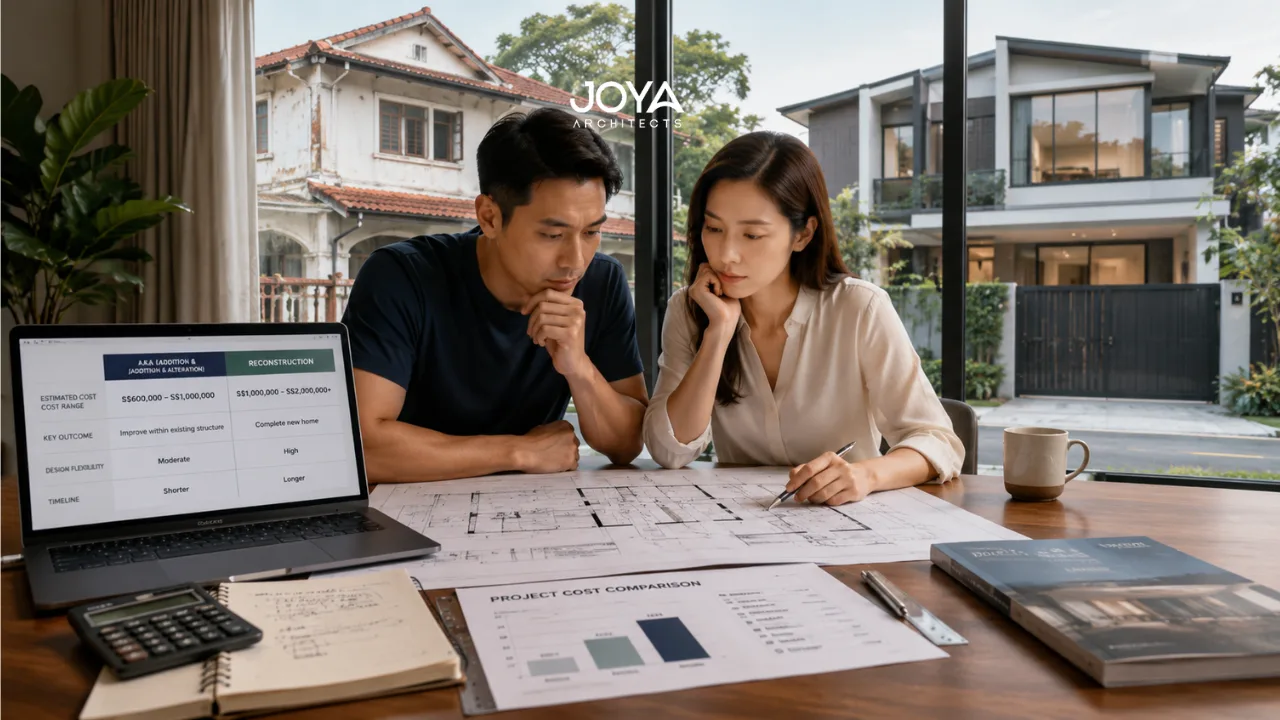 Singapore landed homeowners compare A&A and reconstruction costs while reviewing architectural plans and renovation budgets inside a modern home setting.