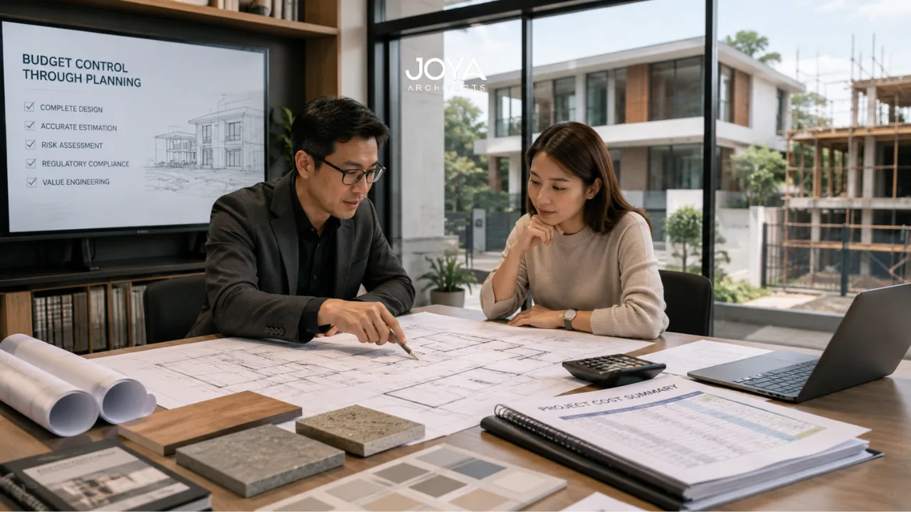 An architect and homeowner review landed house plans and construction costs during a detailed architectural planning session focused on avoiding budget overruns in Singapore.