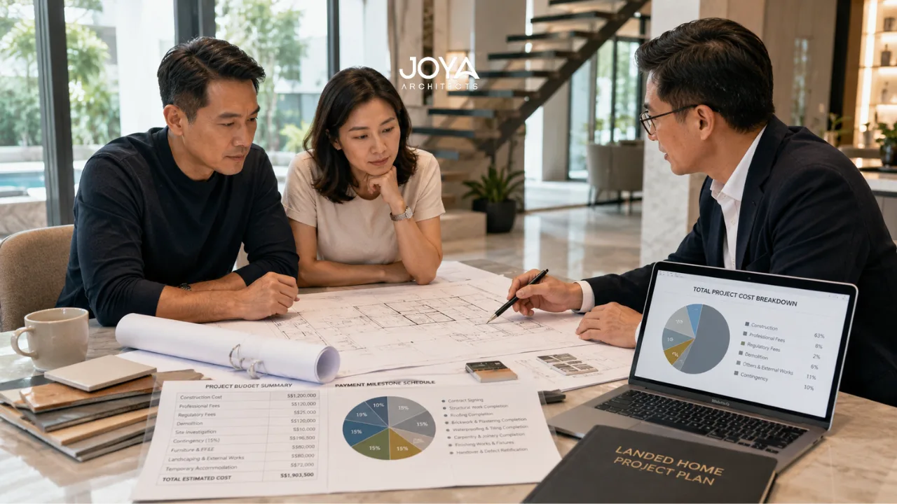 A Singapore landed homeowner couple reviews construction budgets and architectural plans with an architect while planning a landed house project. The scene reflects strategic budget planning for a major home renovation or reconstruction.