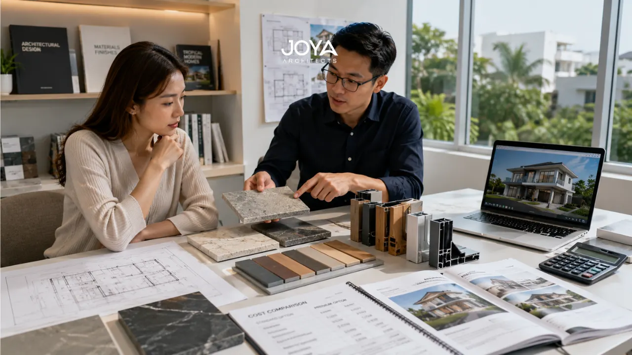 Factors That Affect Landed House Construction Costs in Singapore 1 A homeowner comparing construction material options with an architect to evaluate landed house building costs in Singapore