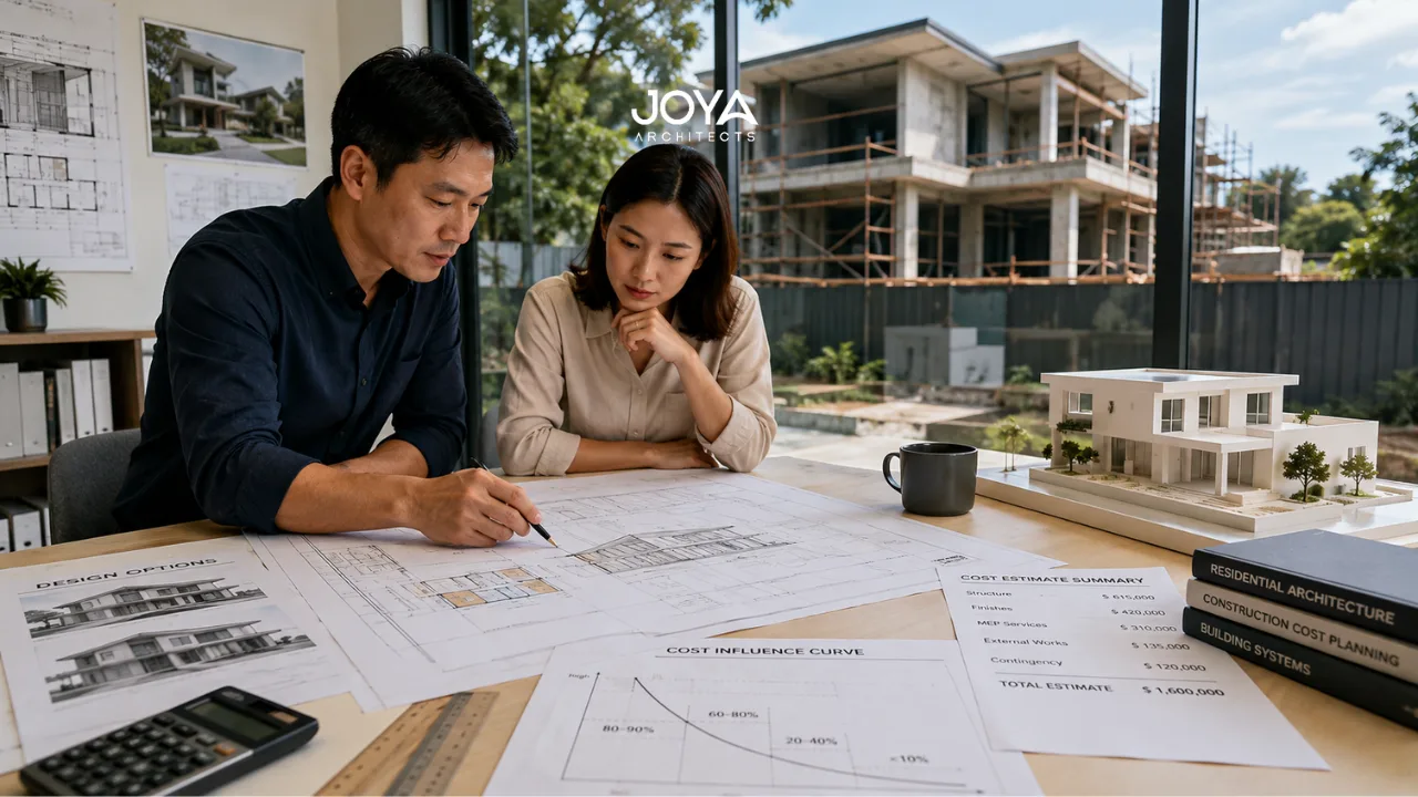 An architect and homeowner review landed house design plans and construction cost considerations during an early planning meeting. The scene illustrates how early design decisions influence final construction costs.