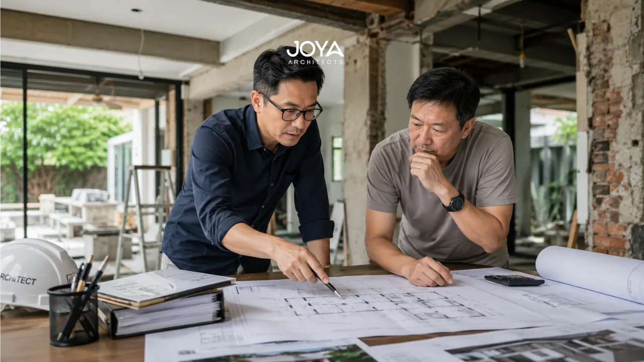 An architect reviews renovation plans with a homeowner inside a landed property while assessing hidden construction costs and structural risks before building works begin.