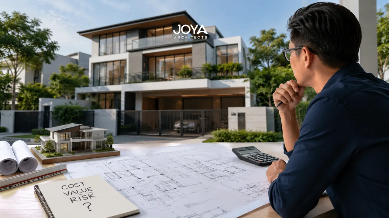 A homeowner reviews architectural plans with an architect while planning a landed home project in Singapore. The scene reflects the decision-making process behind hiring an architect for regulatory and construction guidance