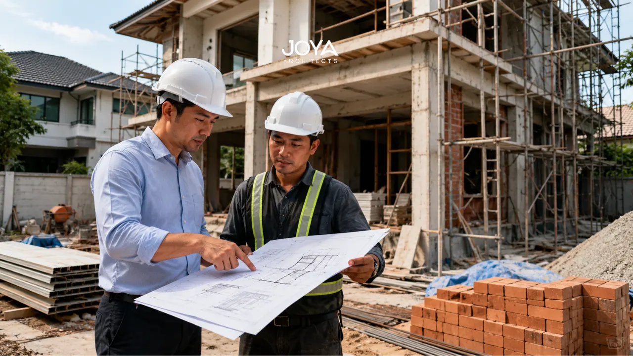 An architect supervises a landed home construction project in Singapore while reviewing technical drawings with a contractor. The scene highlights architectural oversight during reconstruction and project management