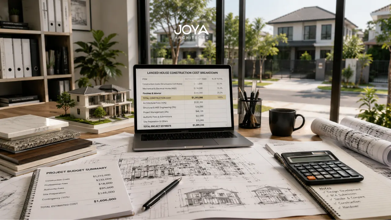 Architectural plans and construction budgeting tools displayed in a Singapore design office during planning for a landed house build