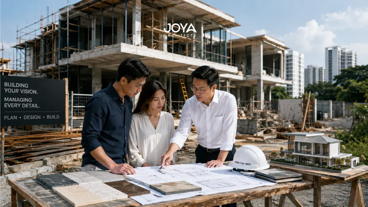 Homeowners reviewing construction plans with an architect at a landed house project site in Singapore while discussing construction costs and design decisions.