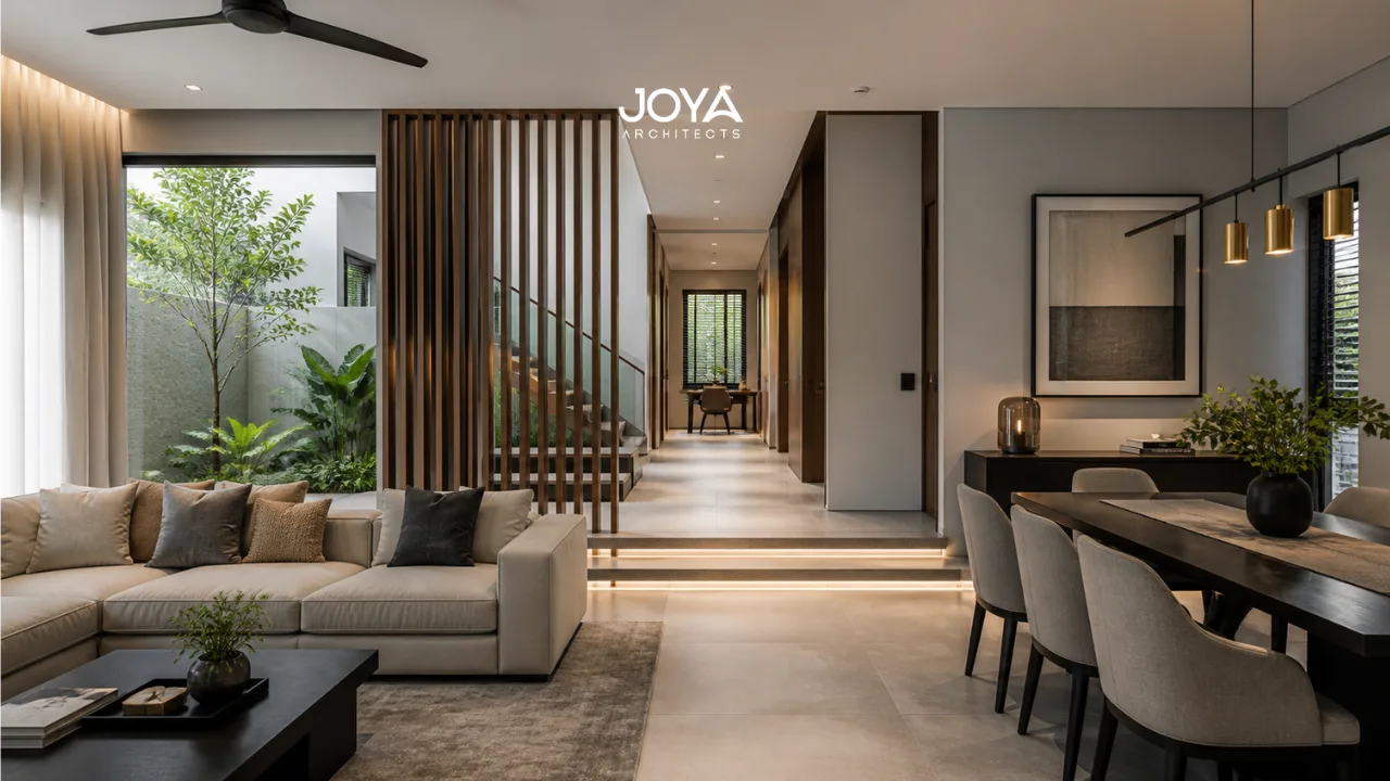 A modern landed home interior illustrating privacy zoning with open living space transitioning into secluded areas, reflecting privacy zoning landed homes design principles