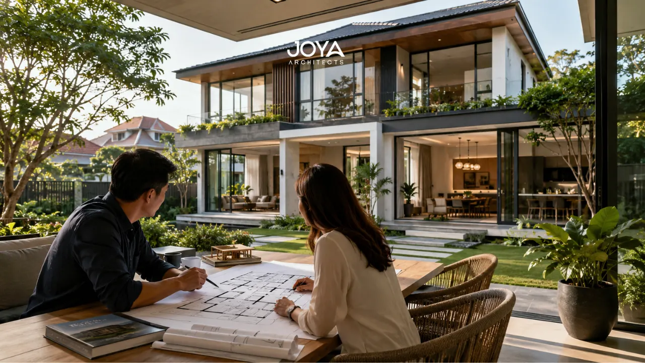 A Singapore homeowner reviews architectural plans while overlooking a well-designed landed home that reflects long-term value, functionality, and timeless design.