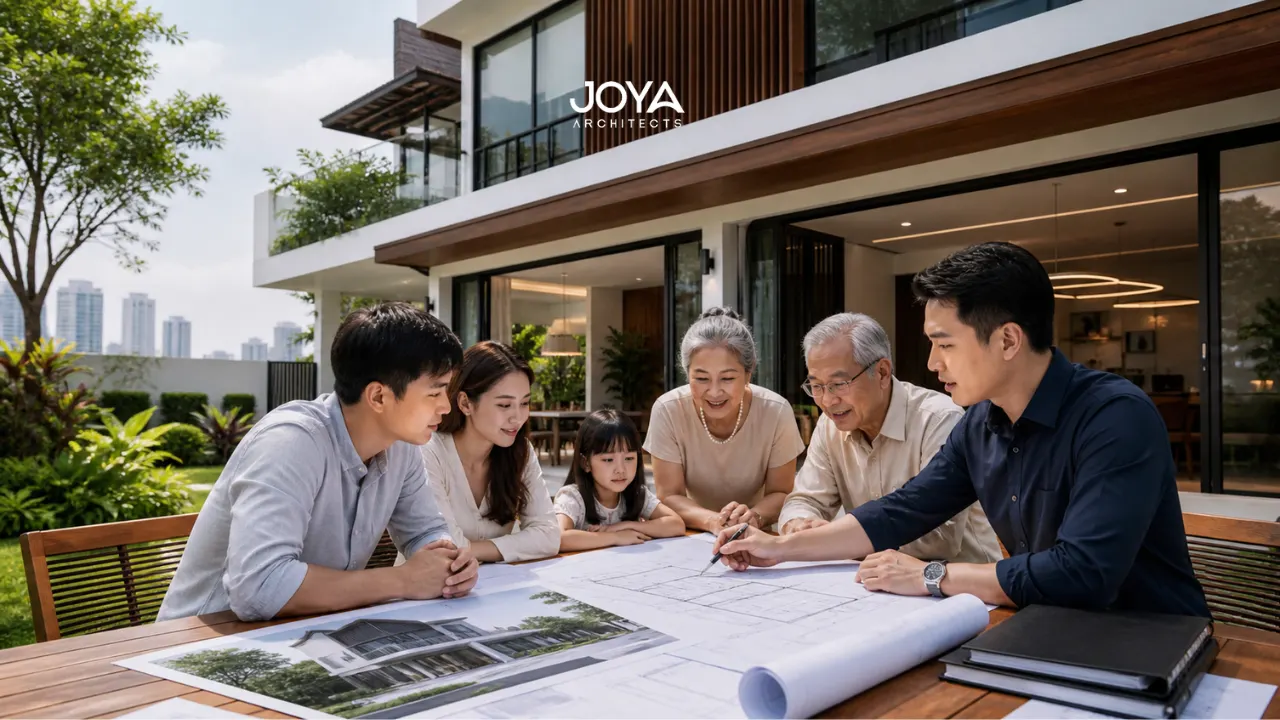 A family reviewing architectural plans outside a modern Singapore home designed by a long term home planning architect for multi-generational living