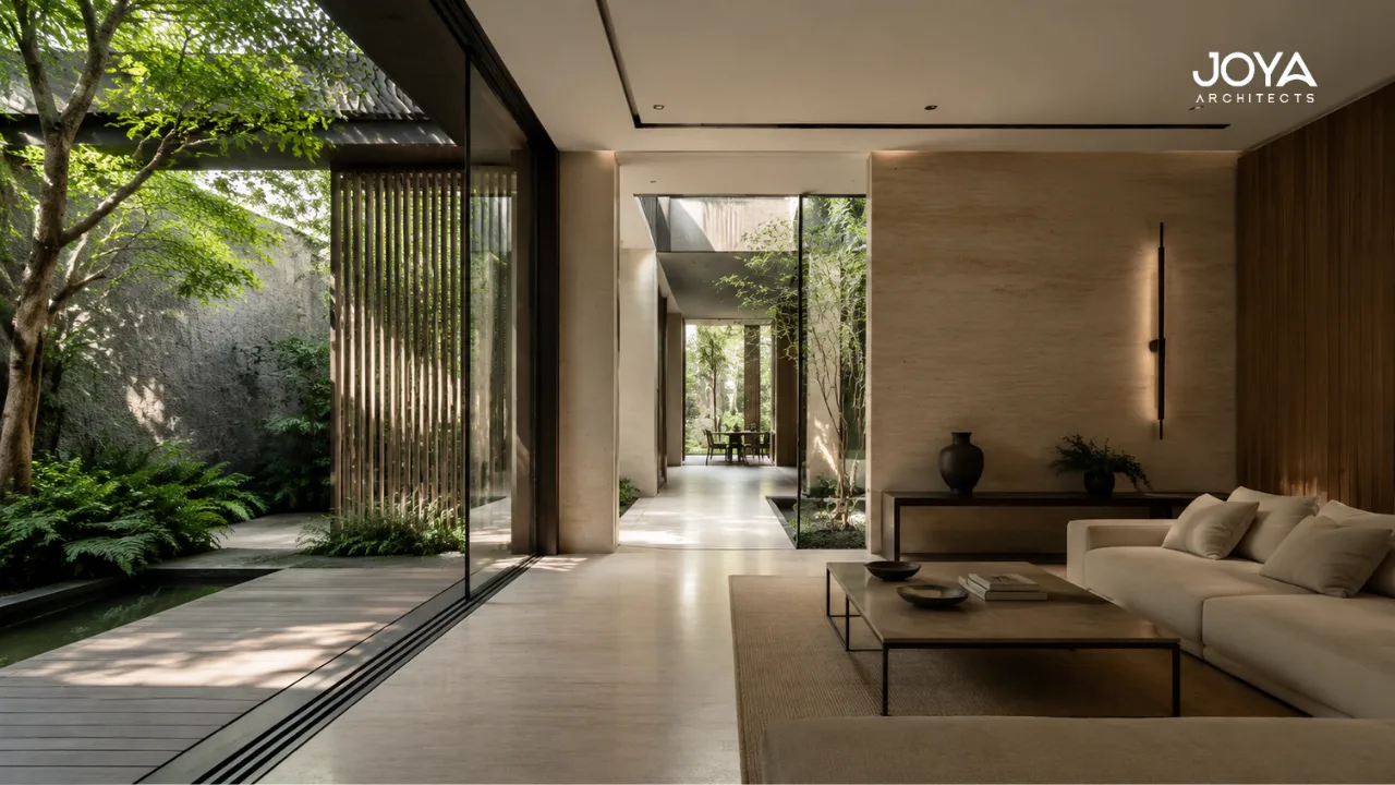 Contemporary Singapore landed home interior showing layered transitions from courtyard greenery to softly lit living space with timber, stone, and filtered daylight creating a calm private atmosphere