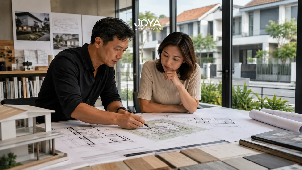 A homeowner and architect review site plans for a landed house architecture project in Singapore, focusing on design strategy and long-term performance rather than appearance alone.