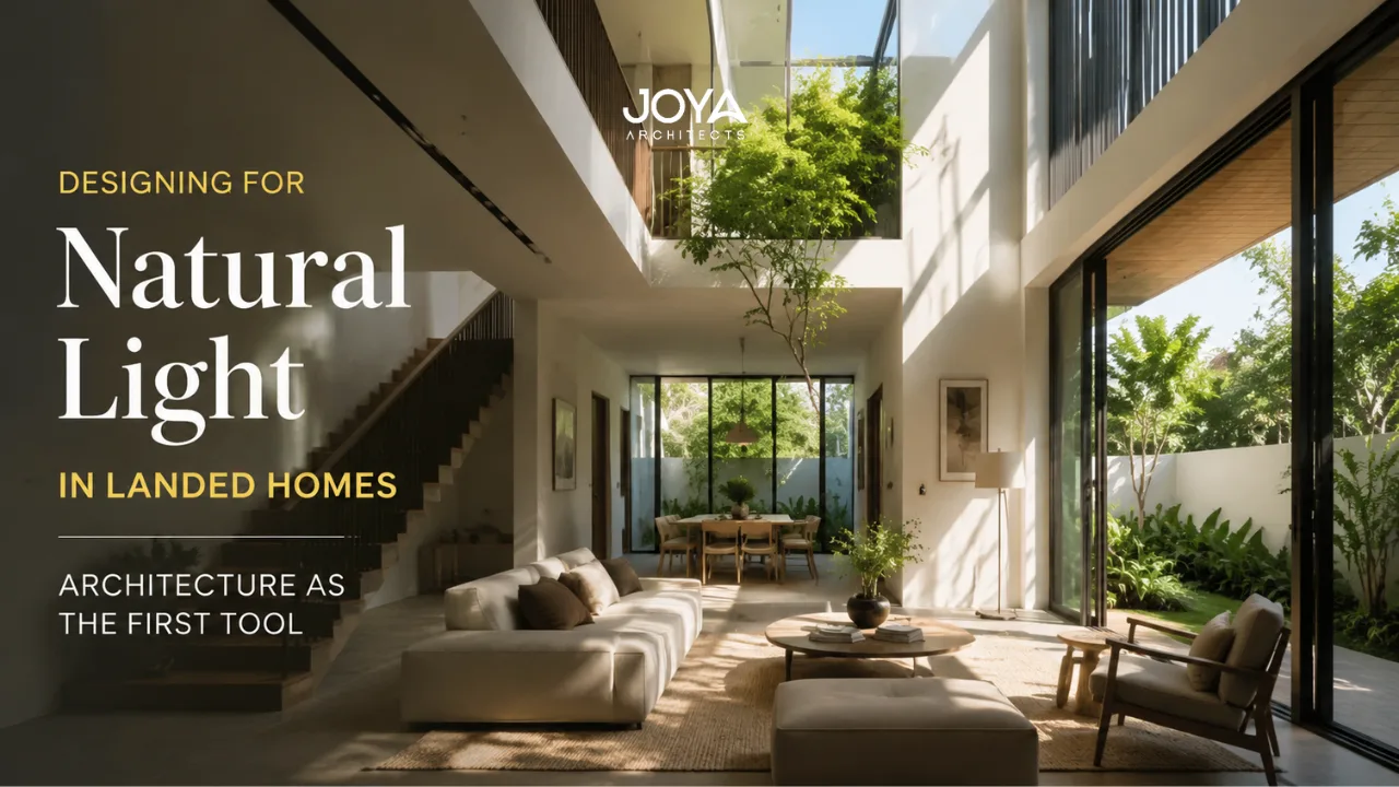 Natural light entering a modern Singapore landed home through large architectural windows.