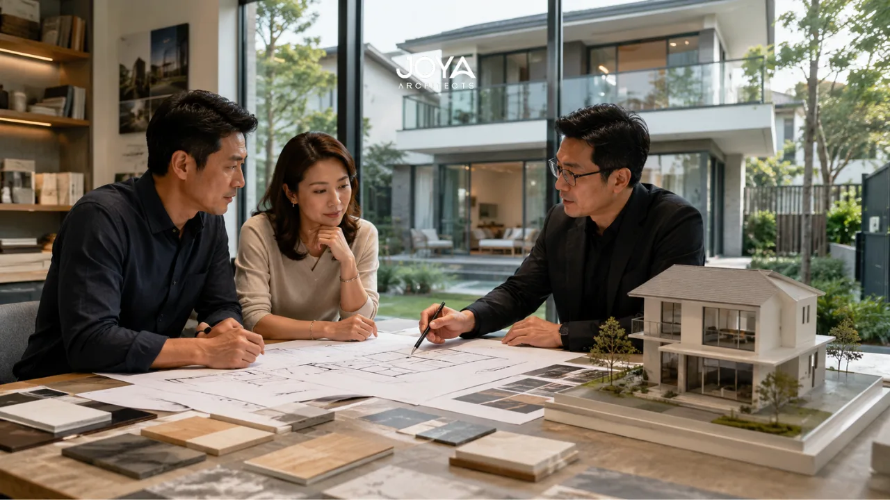 Singapore landed homeowners review architectural plans with an architect while evaluating resale value and lifestyle value considerations for a future-focused home design.