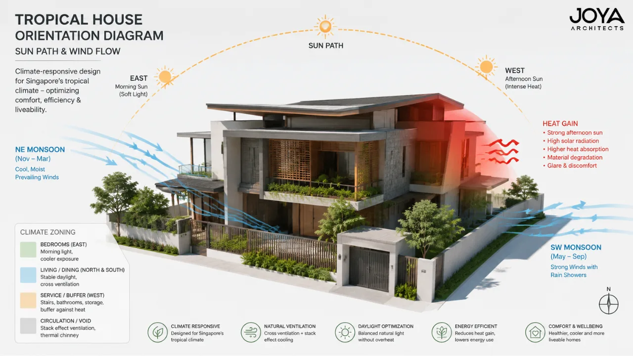 Architectural diagram of a Singapore landed house showing sun path from east to west, wind direction flow, and optimized room zoning for climate-responsive design.
