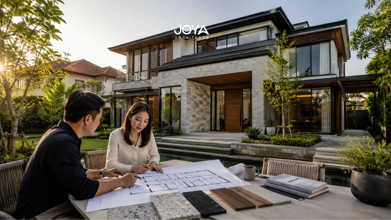 A homeowner reviews architectural plans beside a timeless landed house in Singapore, reflecting the long-term thinking behind timeless landed house design and lasting property value.