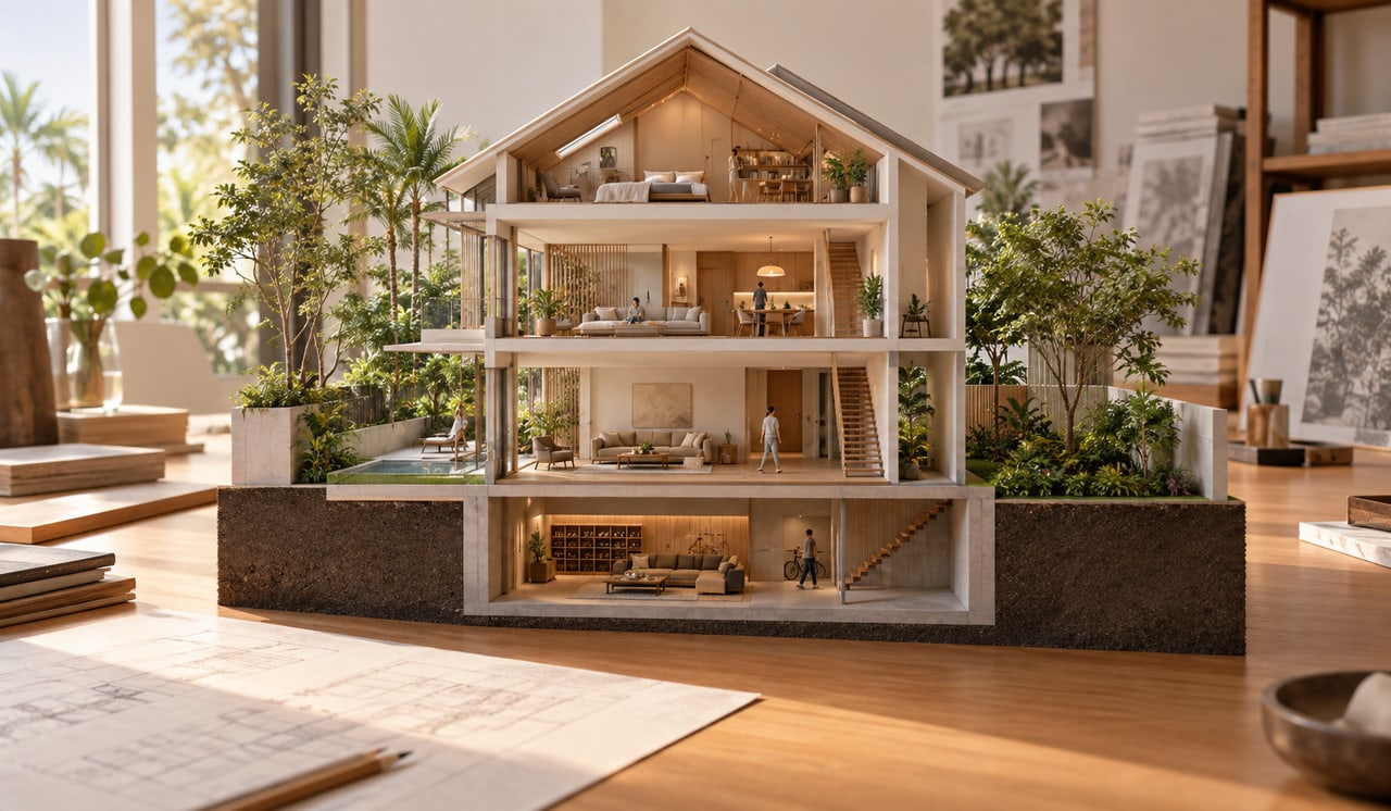 Cutaway model of a landed home showing its attic, main floors and basement