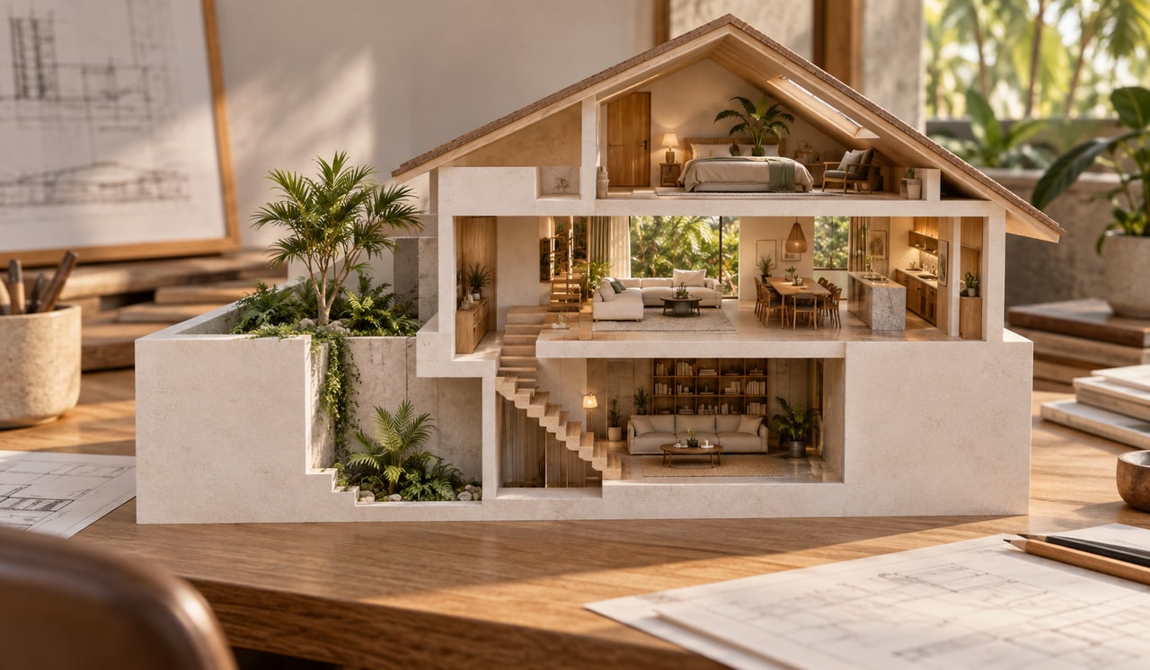 Section model showing an attic beneath a pitched roof and a basement beside a sunken lightwell