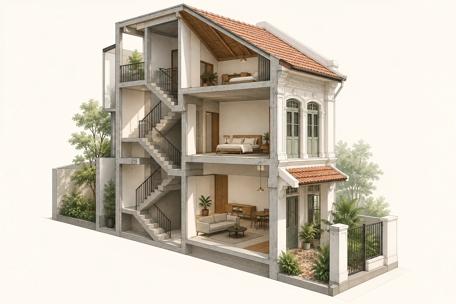 Cutaway landed house showing structural framing and interior spaces