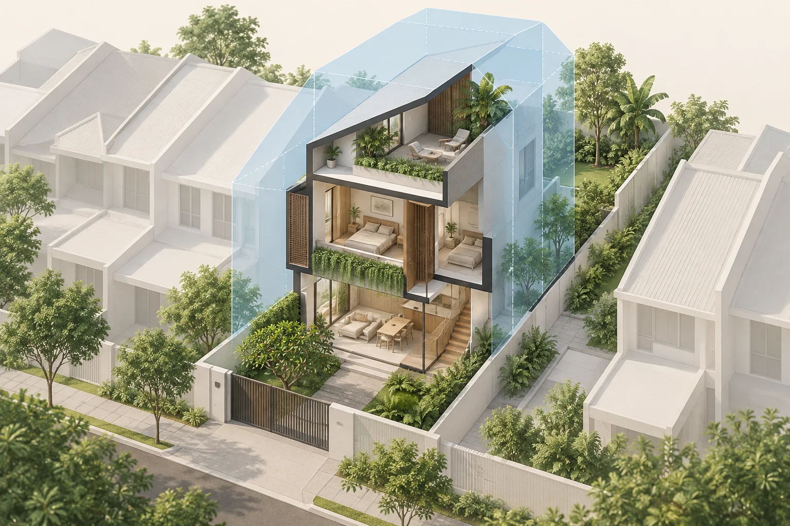 Conceptual landed house within a translucent blue building envelope