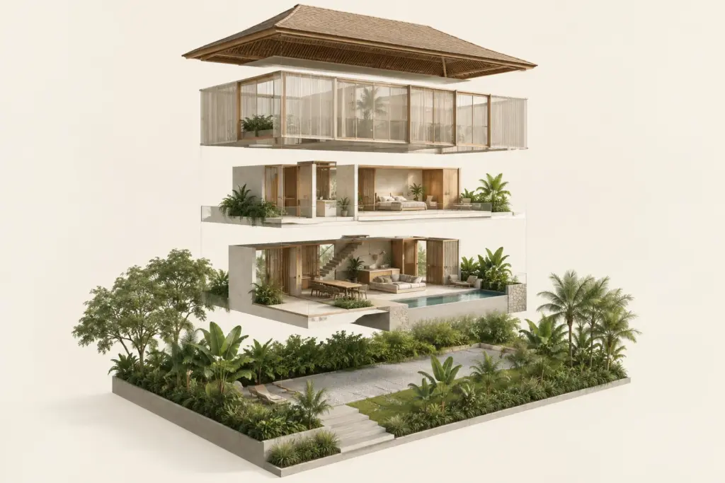 Envelope Controls: What Determines Buildable Form in Singapore 1 Exploded model showing a landed home’s floor plates, roof and garden