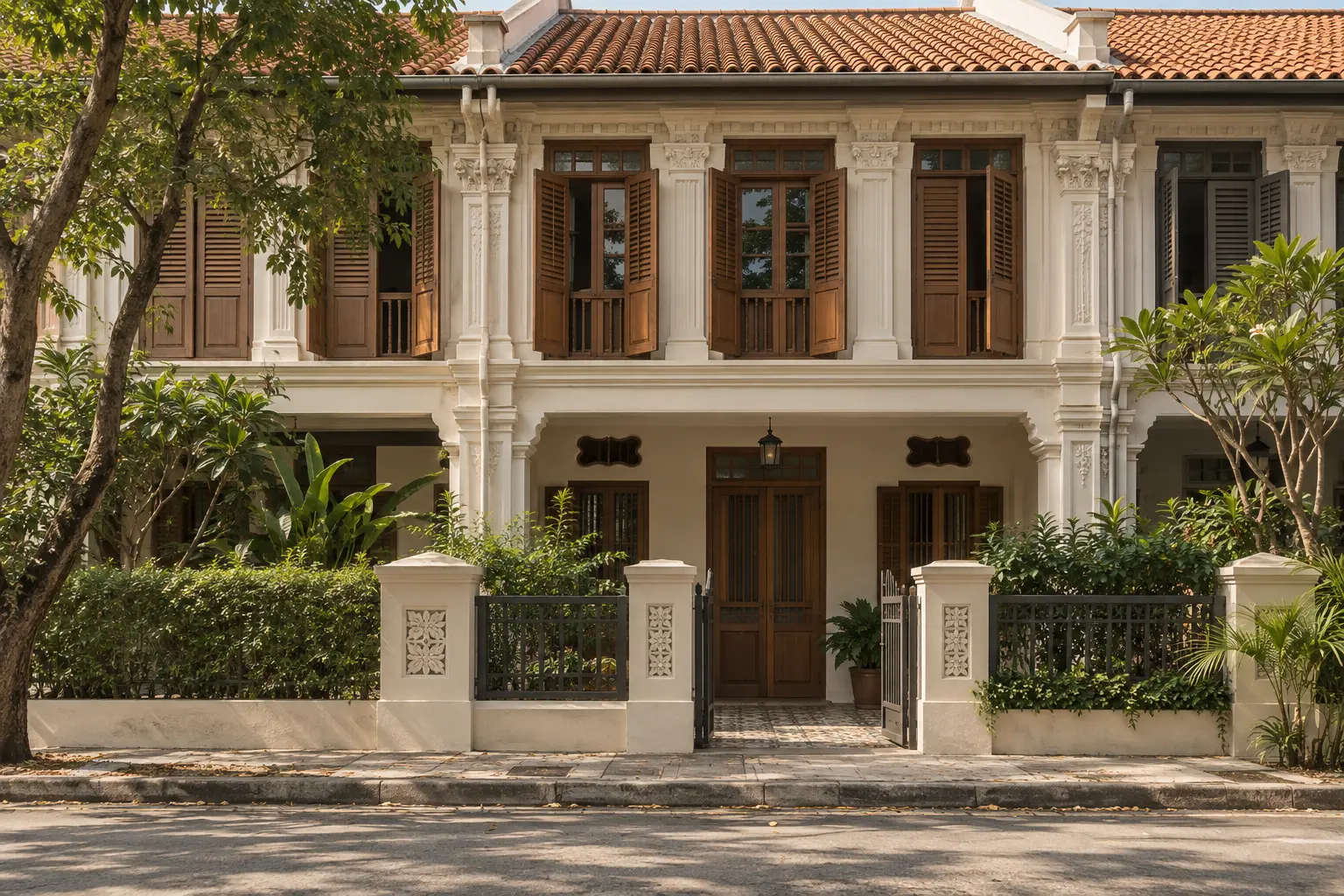 Conceptual Singapore heritage terrace with timber shutters and a terracotta roof