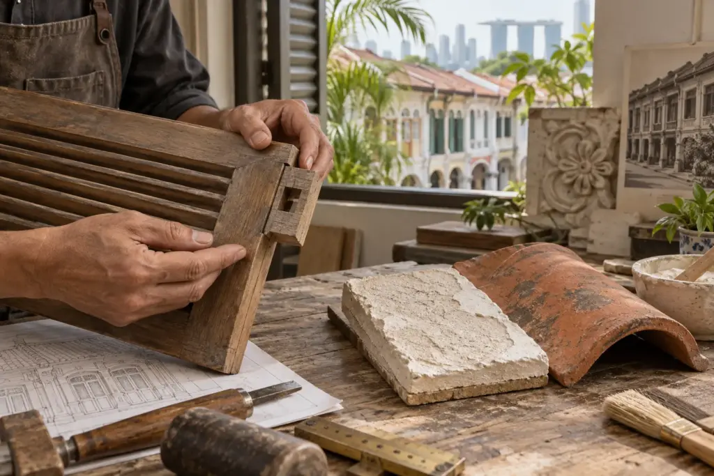 Conservation Constraints for Landed Homes: Heritage in Singapore 1 Craftsperson examining a timber shutter beside plaster and roof-tile samples