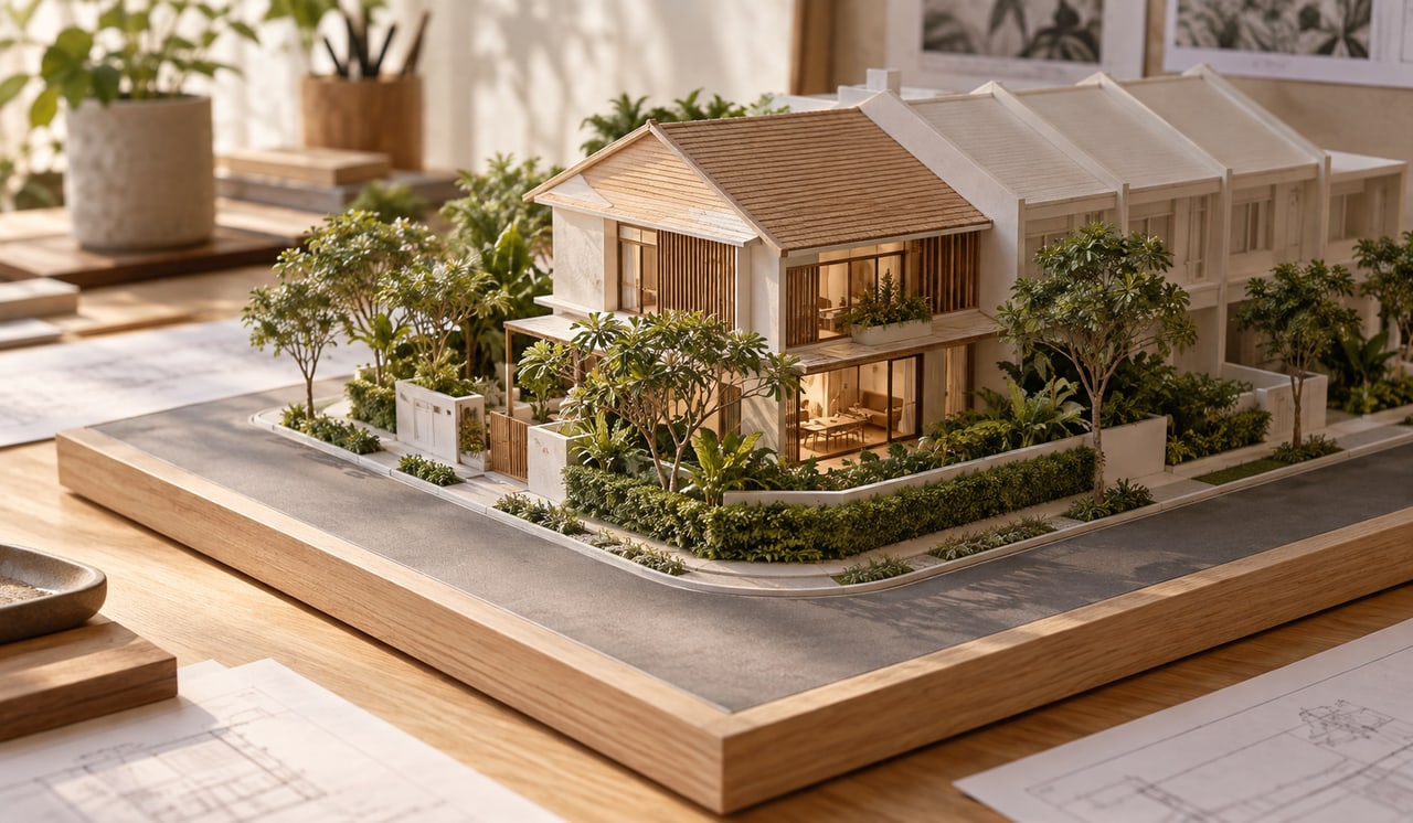 Corner terrace model with two road frontages and a wraparound planted garden