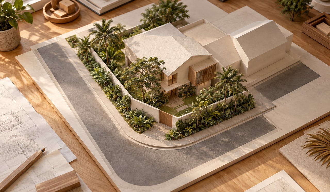 Setbacks on Corner & Reverse-Corner Plots in Singapore 1 Overhead corner-plot model showing planted setback spaces along two streets