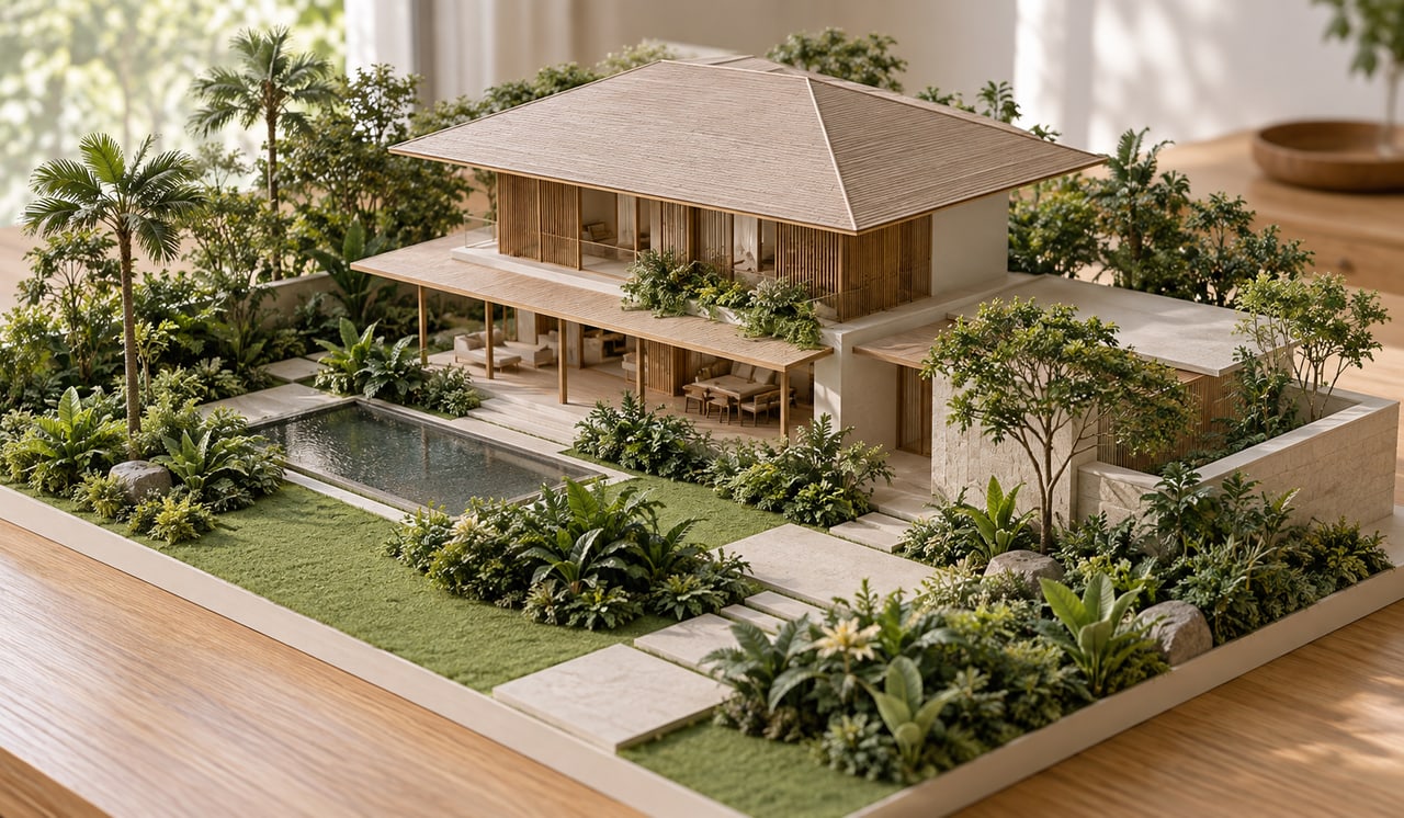 Detached house model with roof overhangs, planted gardens and outdoor paths