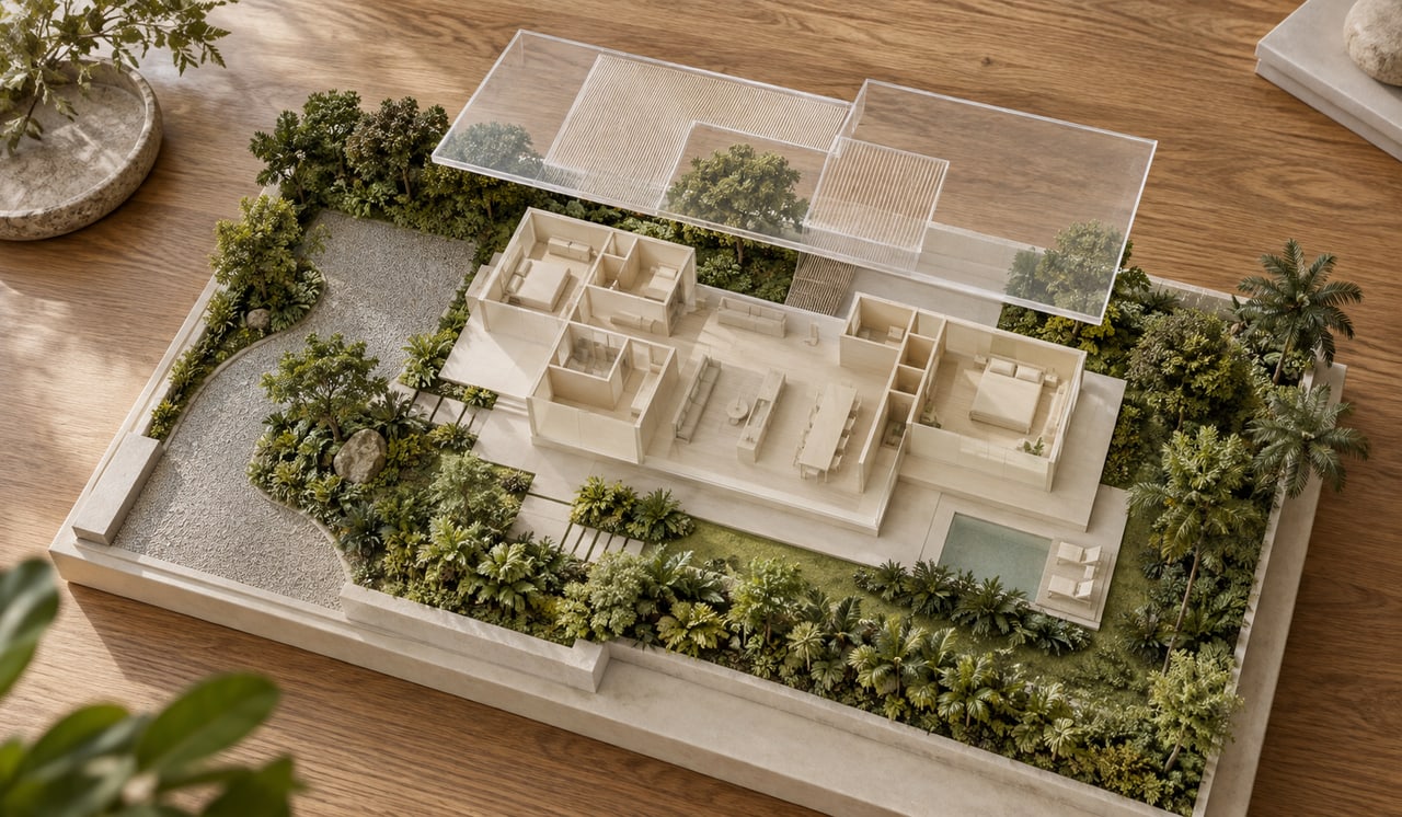 Site Coverage for Landed Homes & Soft-Landscape Requirements 1 Overhead house model separating roof coverage, building footprint and planted ground
