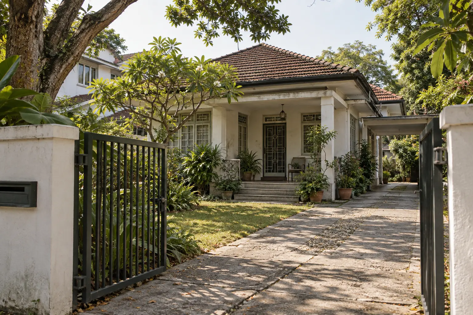 Older Singapore landed house on a leafy plot viewed through its entrance gate