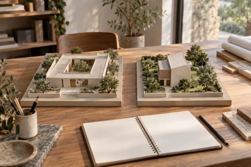 Assessing Landed Development Potential Before Buying in Singapore 1 Two conceptual house models comparing courtyard space and garden provision