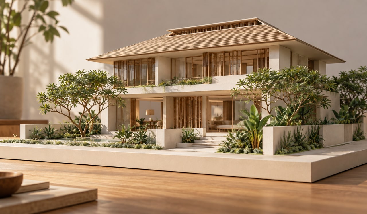 Architectural model of a two-storey tropical landed home with a recessed roof volume