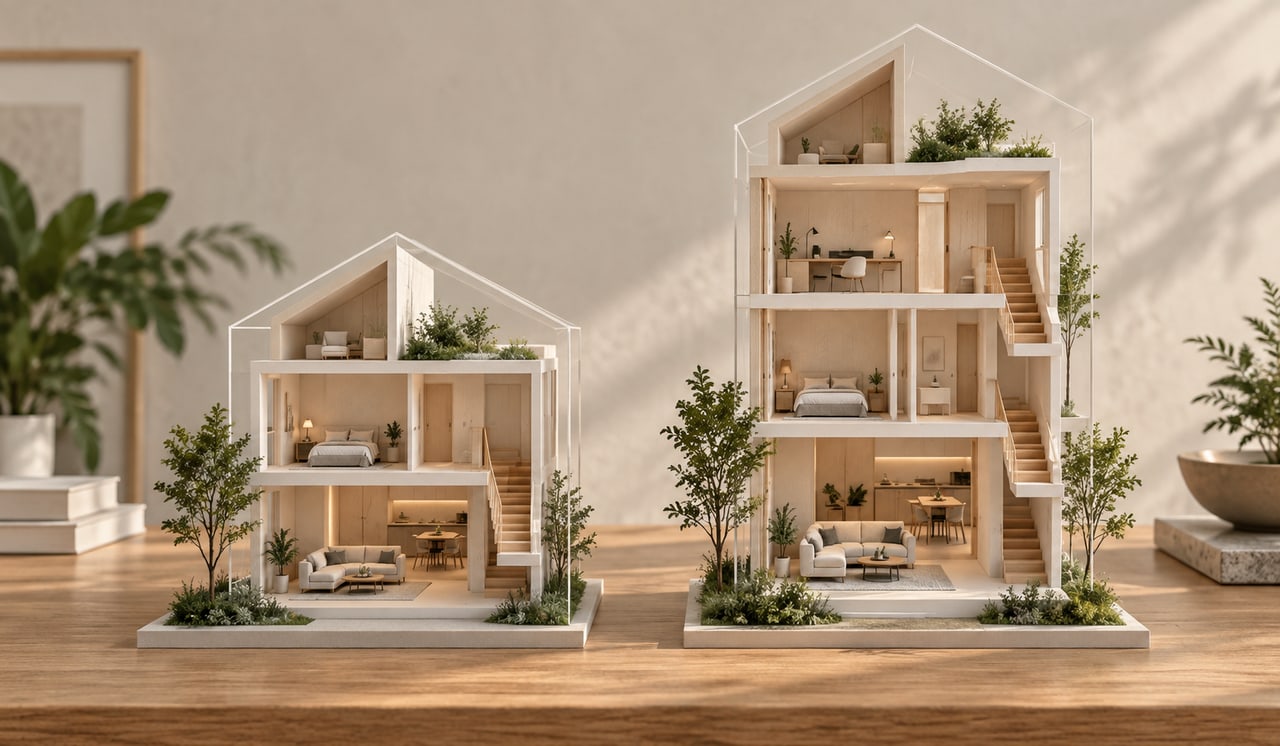 Height Controls for Landed Homes: Storey Limits in Singapore 1 Cutaway models comparing two-storey and three-storey homes within transparent envelope outlines