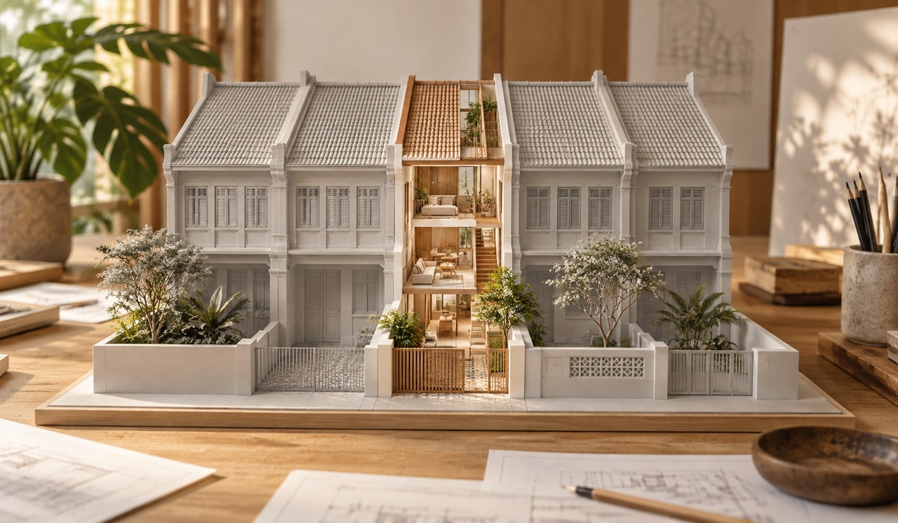 Intermediate terrace house model showing floor levels between adjoining homes