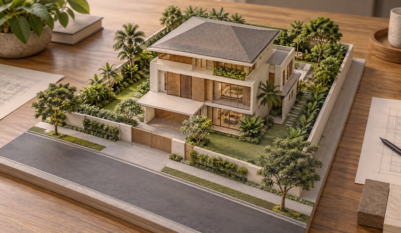 Architectural model of a landed home with planted front, side and rear setback spaces