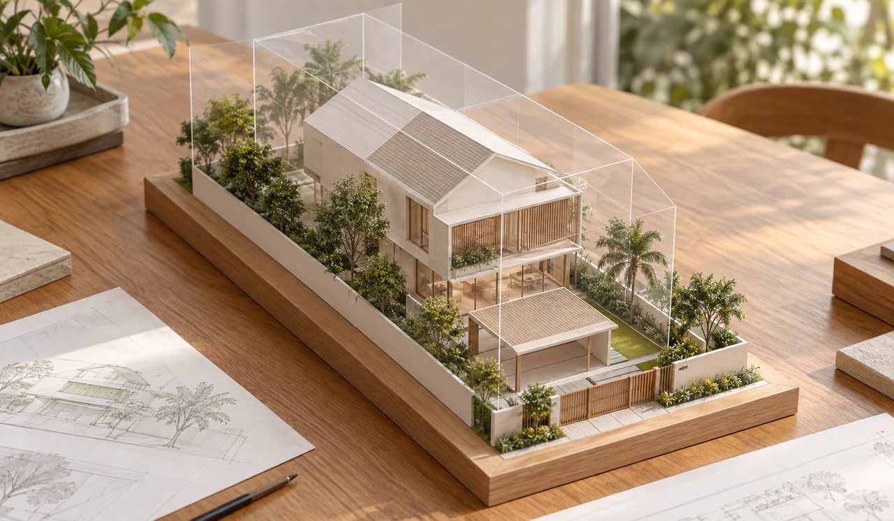 How Setbacks Shape the Building Envelope for Landed Homes 1 Landed house model within a transparent building envelope and landscaped setback strips