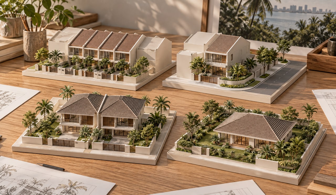 Architectural models comparing terrace, corner terrace, semi-detached and detached homes