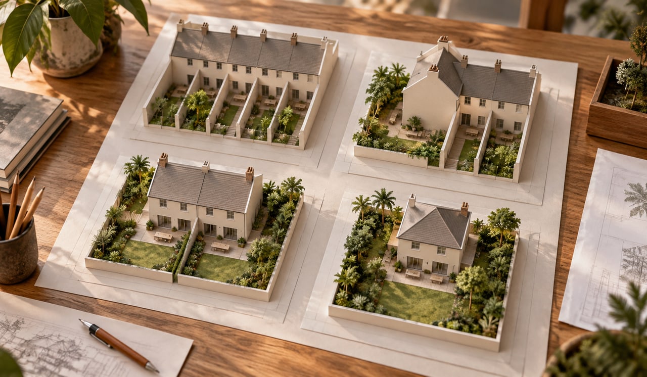Front, Side & Rear Setbacks by Landed Type in Singapore 1 Overhead plot models comparing shared walls and open garden sides across landed house types