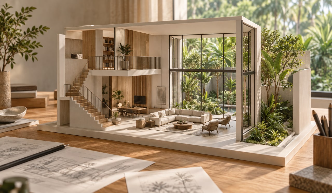 Cutaway model of a double-height living room with a partial mezzanine