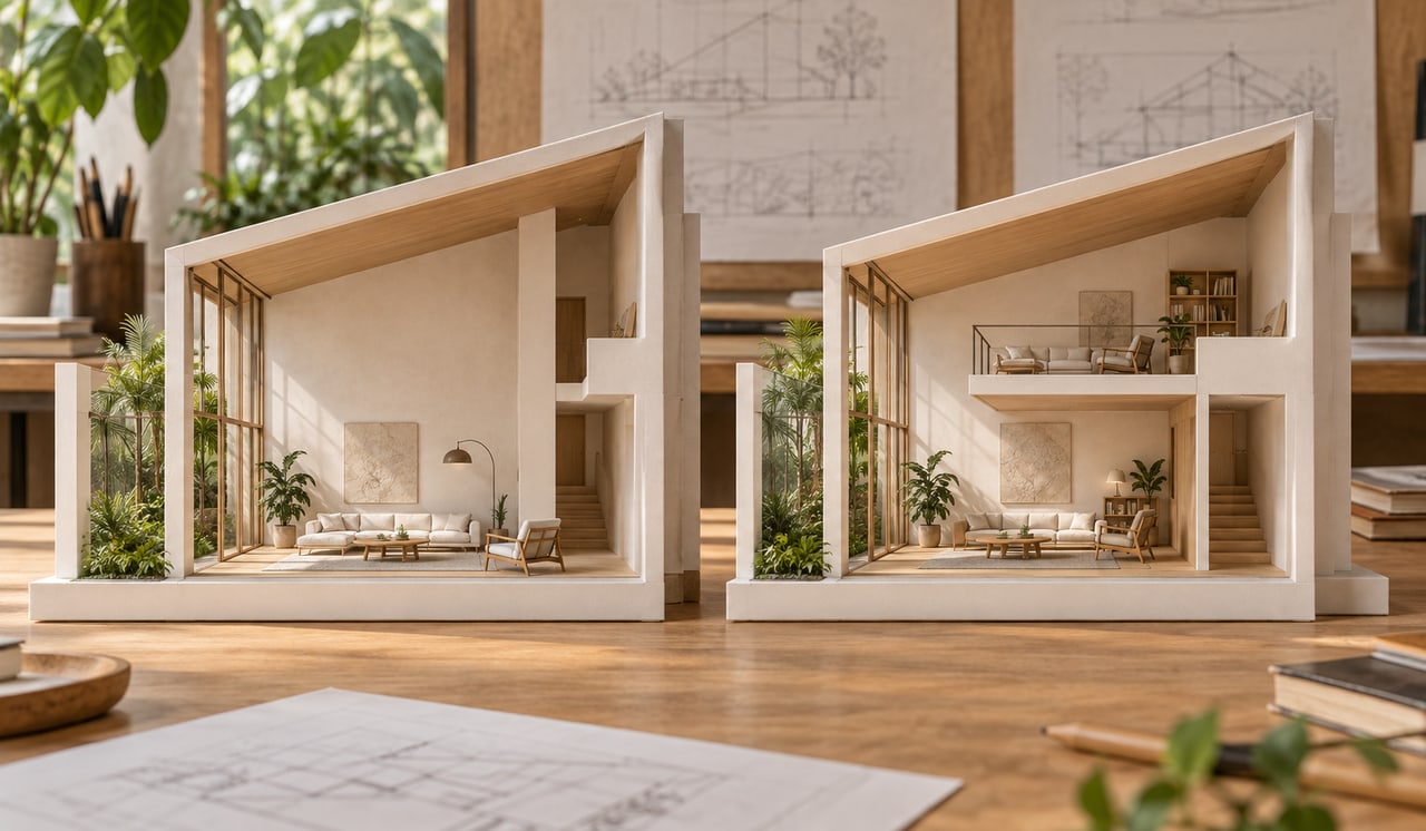 Mezzanines, Voids & Double-Volume Space in GFA Calculations 1 Side-by-side models comparing an open double-volume void with a mezzanine floor