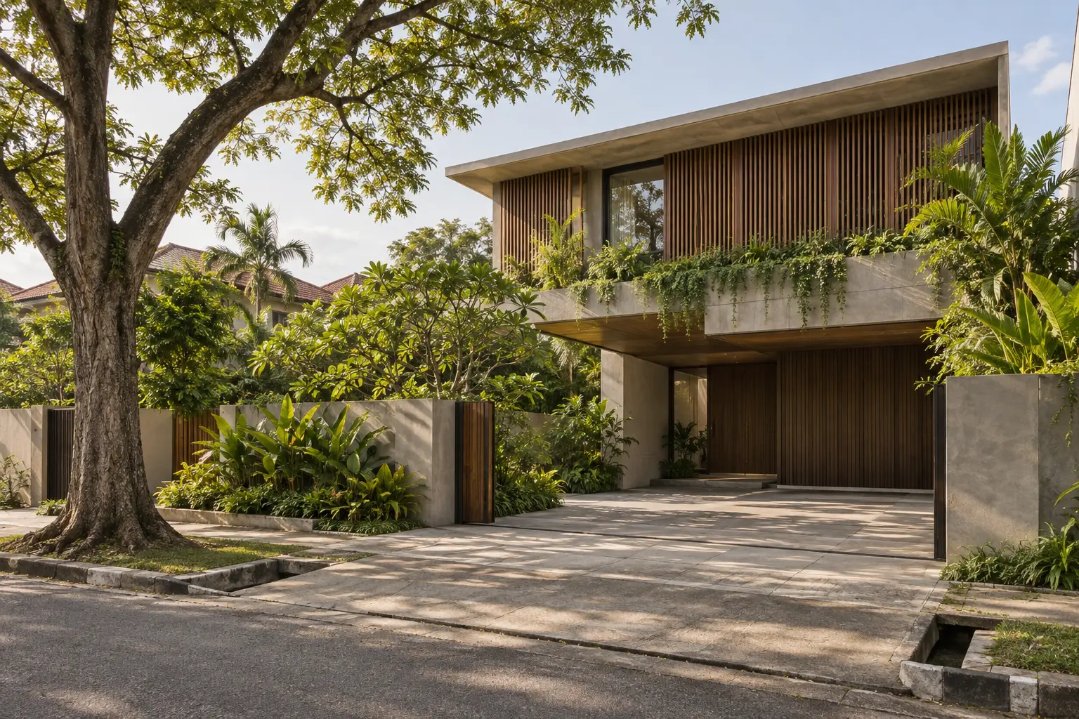 Contemporary tropical house with a driveway, roadside drain and mature tree