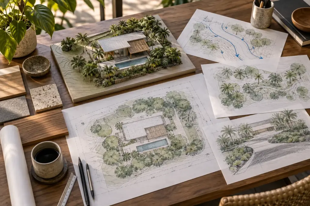 Other Clearances for Landed Homes: PUB, LTA, NParks and Fire Safety 1 House model beside conceptual drainage, access and landscaping drawings