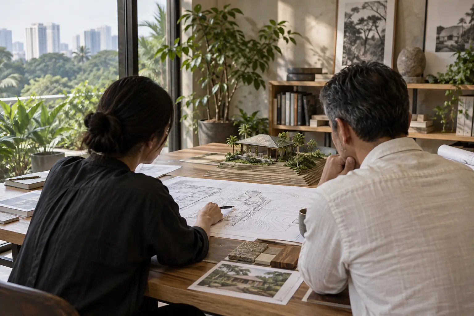 Architect and client reviewing a survey and house model in a design studio